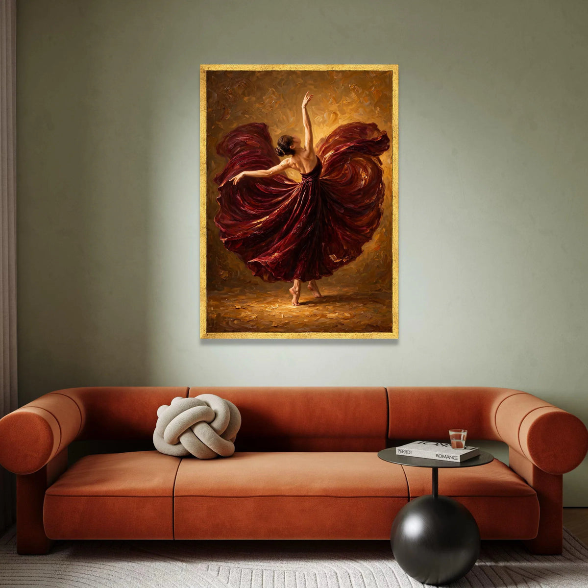 Elegant Ballerina Dance, Flowing Burgundy Dress Canvas, Graceful Dance Wall Art, Movement and Beauty, Home Decor Canvas Canvas Print Art