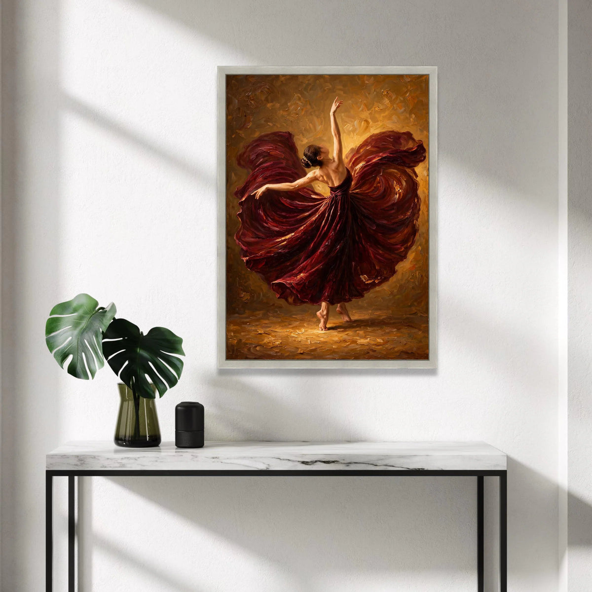 Elegant Ballerina Dance, Flowing Burgundy Dress Canvas, Graceful Dance Wall Art, Movement and Beauty, Home Decor Canvas Canvas Print Art