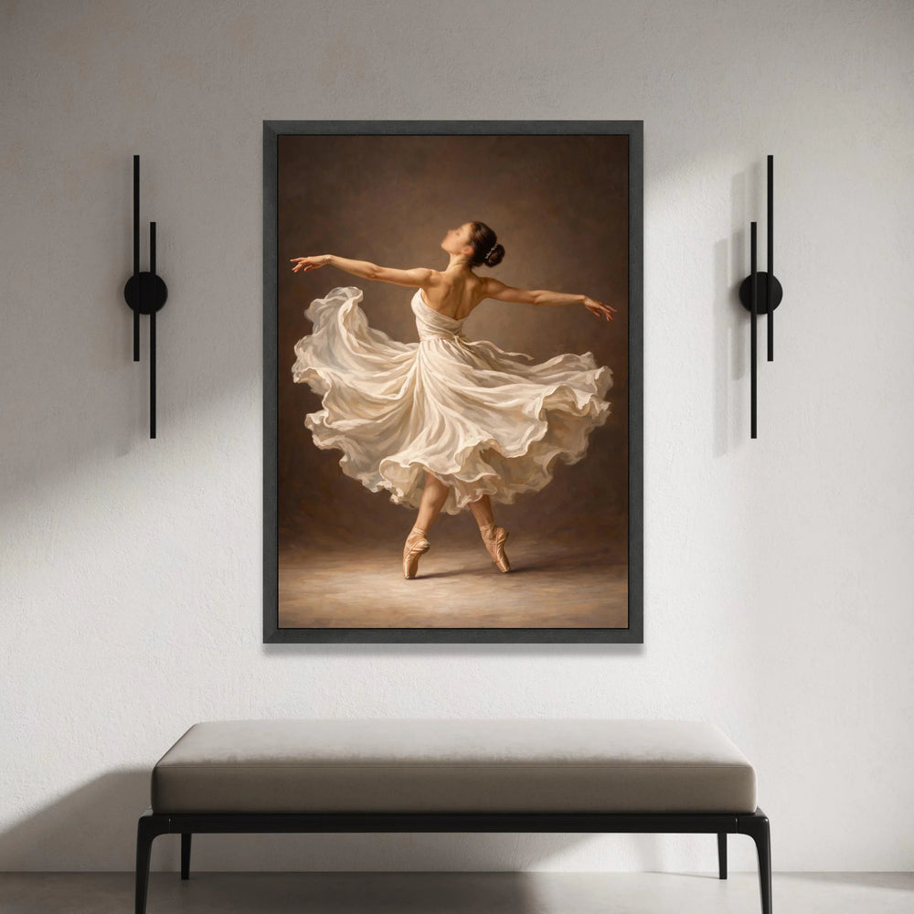 Elegant Ballerina Dance, Flowing White Dress Canvas, Ballet Pointe Shoes Wall Art, Graceful Movement Painting, Home Decor Canvas Print Art