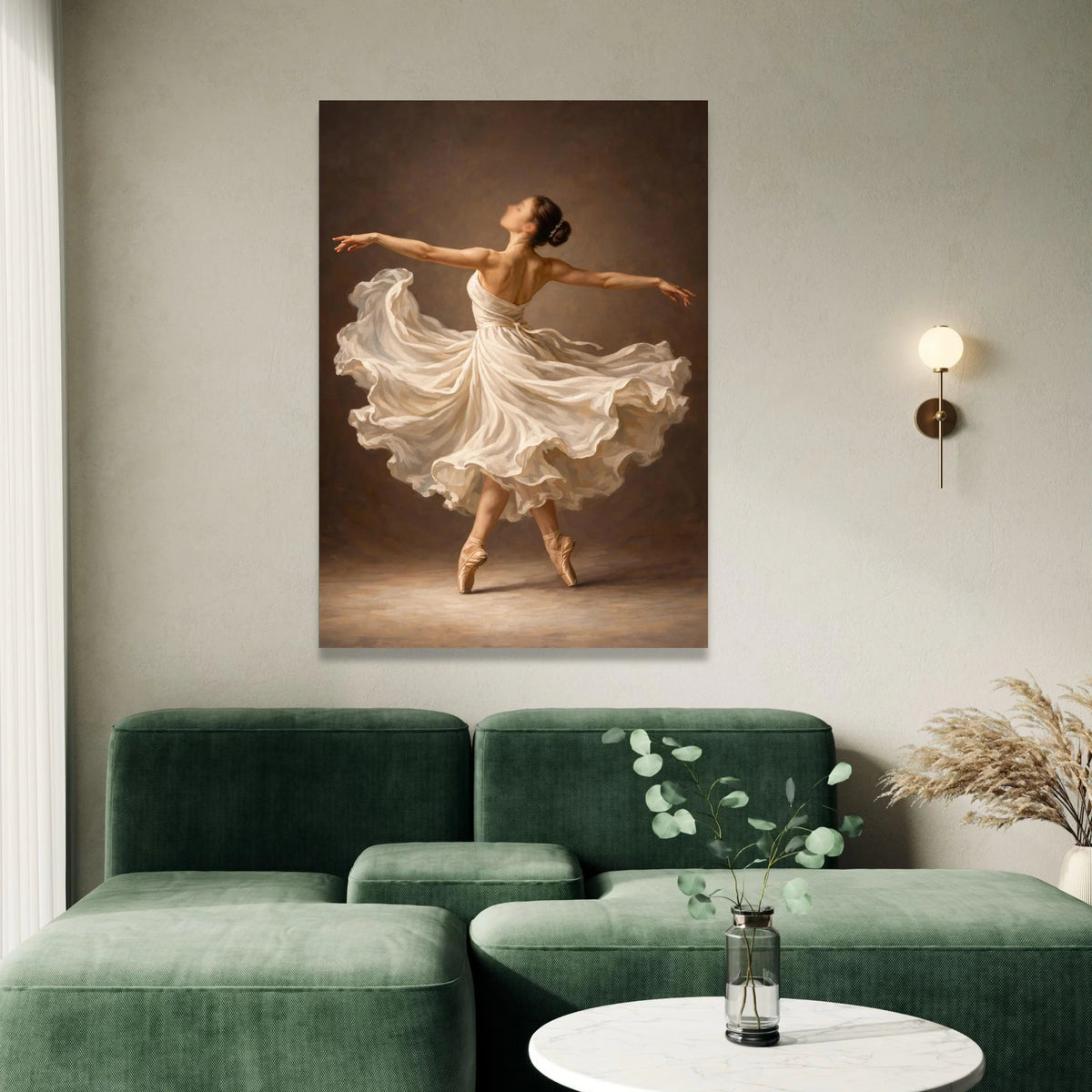 Elegant Ballerina Dance, Flowing White Dress Canvas, Ballet Pointe Shoes Wall Art, Graceful Movement Painting, Home Decor Canvas Print Art
