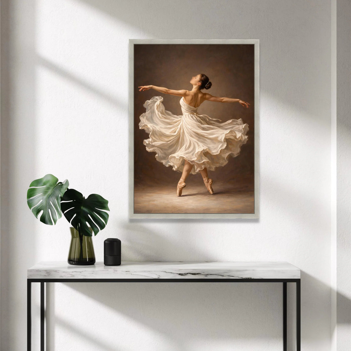 Elegant Ballerina Dance, Flowing White Dress Canvas, Ballet Pointe Shoes Wall Art, Graceful Movement Painting, Home Decor Canvas Print Art