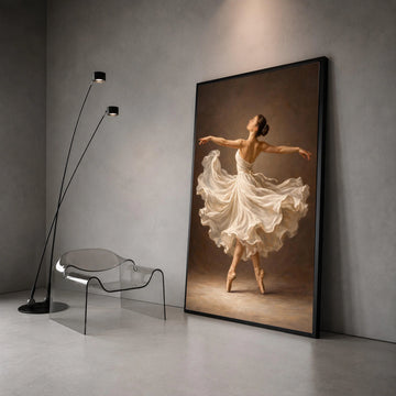Elegant Ballerina Dance, Flowing White Dress Canvas, Ballet Pointe Shoes Wall Art, Graceful Movement Painting, Home Decor Canvas Print Art