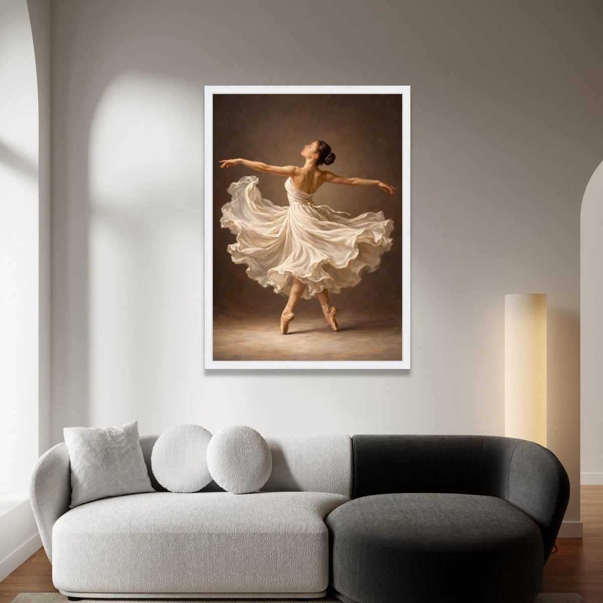 Elegant Ballerina Dance, Flowing White Dress Canvas, Ballet Pointe Shoes Wall Art, Graceful Movement Painting, Home Decor Canvas Print Art