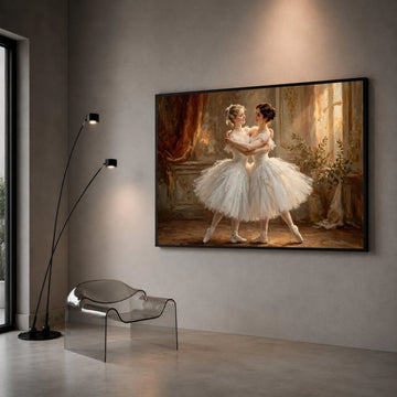 Elegant Ballet Dancers Embrace, White Tutu Canvas Wall Art, Classical Dance Scene, Graceful Dance Portrait, Romantic Home Canvas Print Art