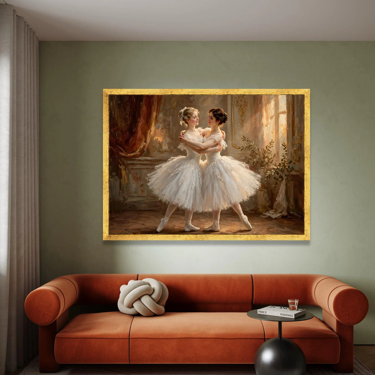 Elegant Ballet Dancers Embrace, White Tutu Canvas Wall Art, Classical Dance Scene, Graceful Dance Portrait, Romantic Home Canvas Print Art