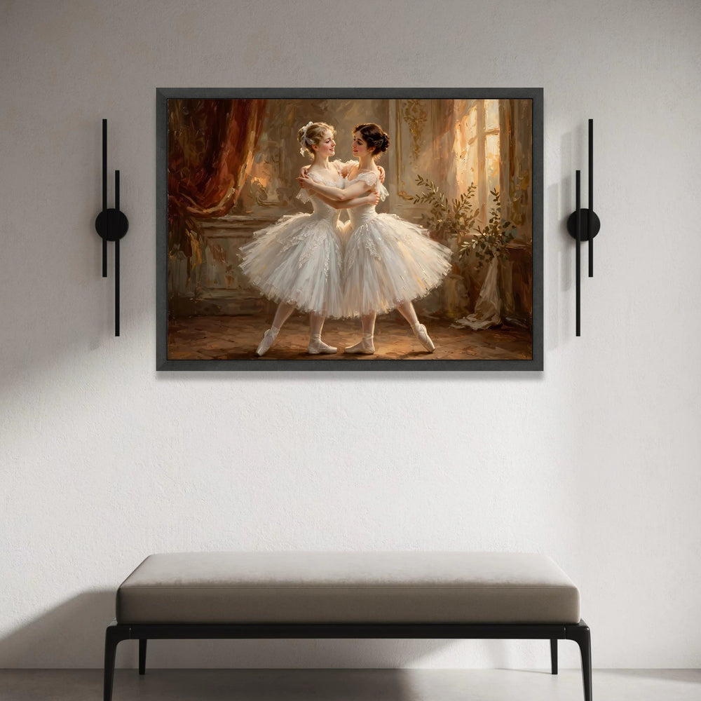 Elegant Ballet Dancers Embrace, White Tutu Canvas Wall Art, Classical Dance Scene, Graceful Dance Portrait, Romantic Home Canvas Print Art