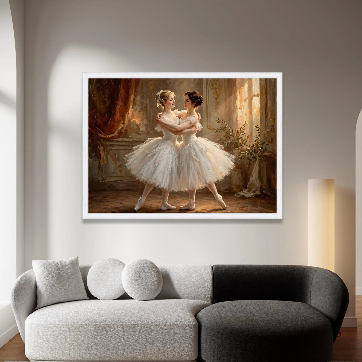 Elegant Ballet Dancers Embrace, White Tutu Canvas Wall Art, Classical Dance Scene, Graceful Dance Portrait, Romantic Home Canvas Print Art