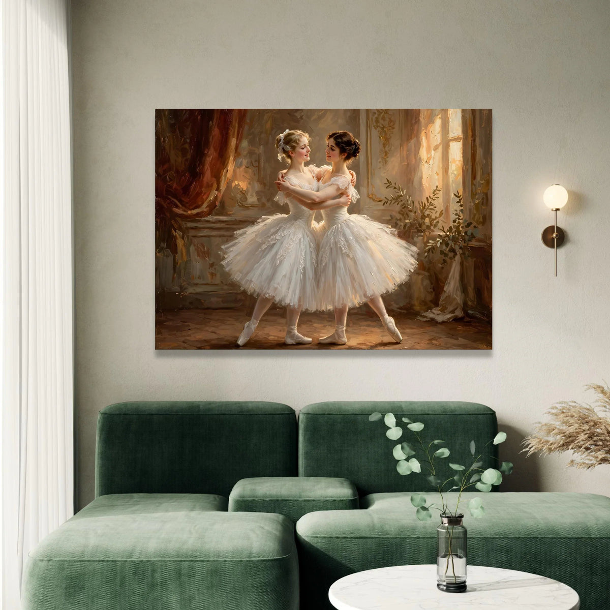 Elegant Ballet Dancers Embrace, White Tutu Canvas Wall Art, Classical Dance Scene, Graceful Dance Portrait, Romantic Home Canvas Print Art