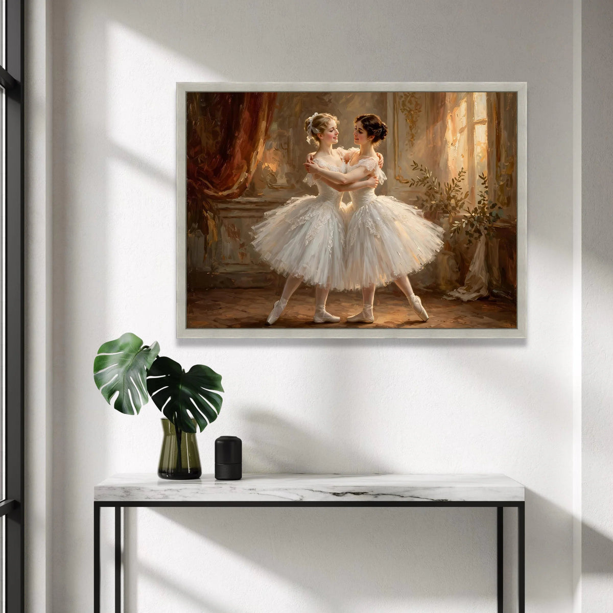 Elegant Ballet Dancers Embrace, White Tutu Canvas Wall Art, Classical Dance Scene, Graceful Dance Portrait, Romantic Home Canvas Print Art