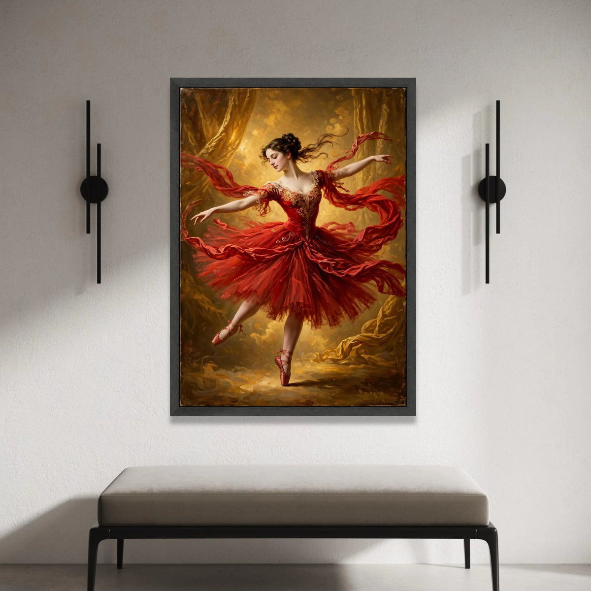 Elegant Ballerina Red Dress Canvas, Ballet Dance Wall Art, Classical Performance Canvas, Graceful Ballet Dancer Canvas, Canvas Print Art