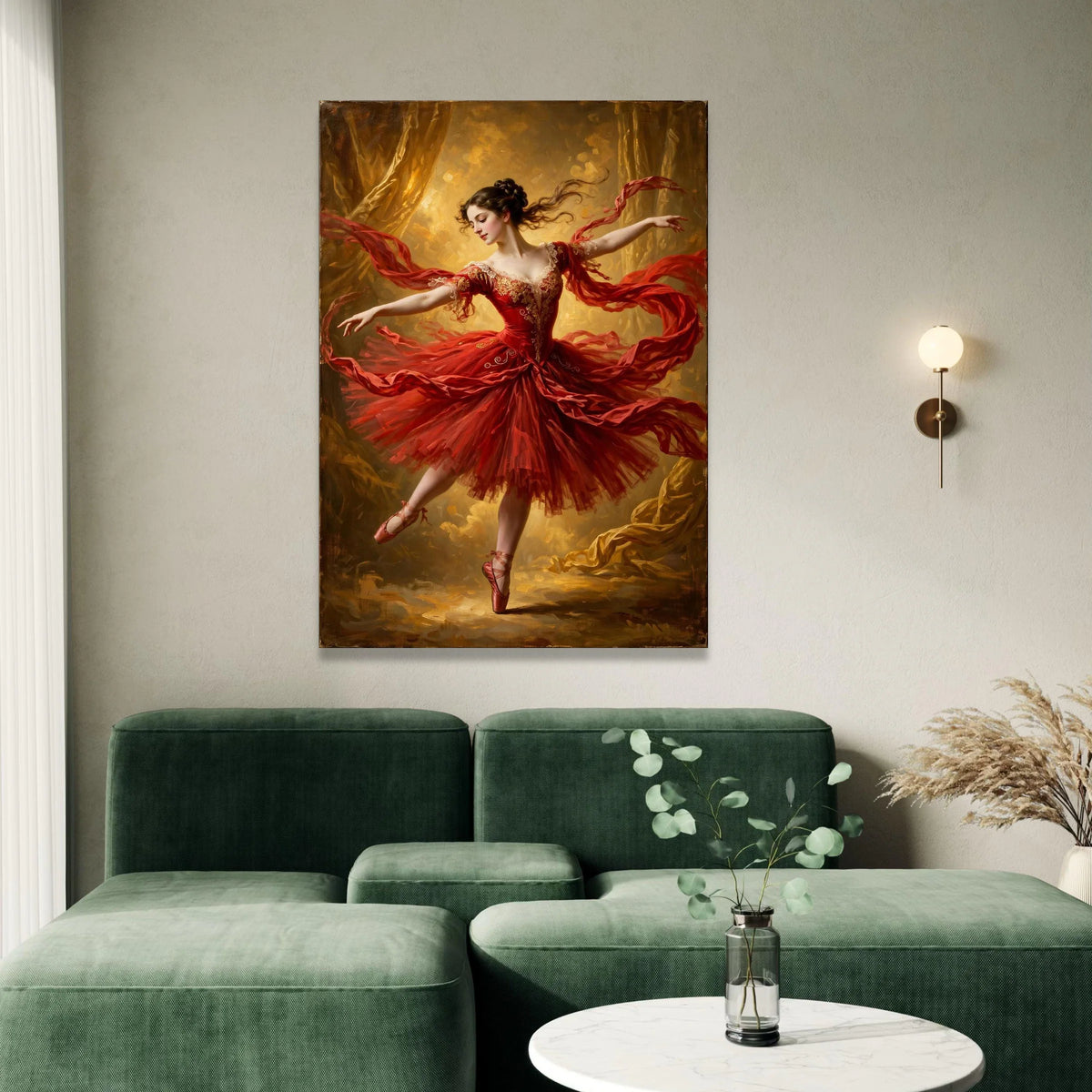 Elegant Ballerina Red Dress Canvas, Ballet Dance Wall Art, Classical Performance Canvas, Graceful Ballet Dancer Canvas, Canvas Print Art