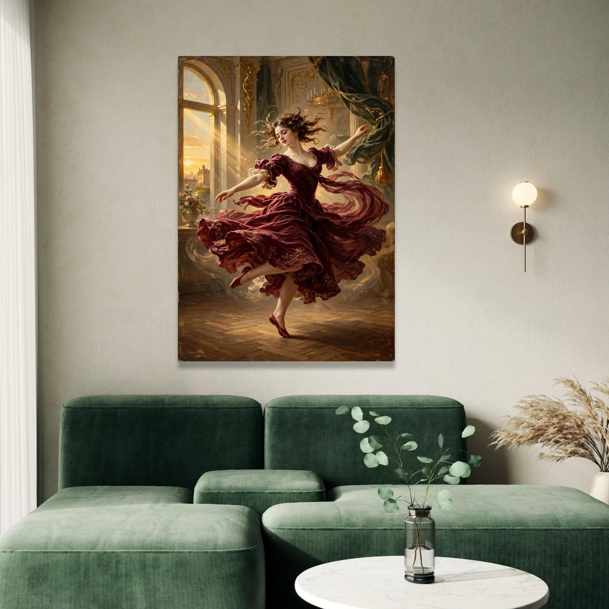 Elegant Dancing Woman Vintage Dress Canvas, Ballet Movement Art, Classic Interior Scene, Romantic Home Wall Decor Canvas Print Art