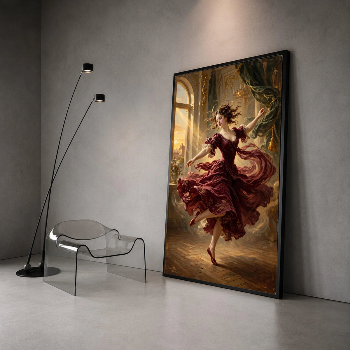 Elegant Dancing Woman Vintage Dress Canvas, Ballet Movement Art, Classic Interior Scene, Romantic Home Wall Decor Canvas Print Art