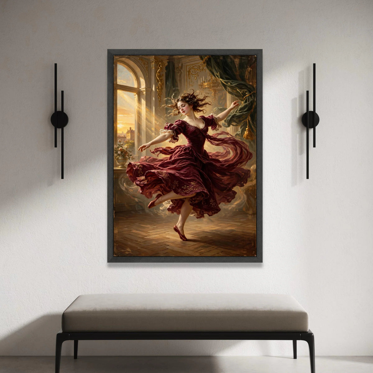 Elegant Dancing Woman Vintage Dress Canvas, Ballet Movement Art, Classic Interior Scene, Romantic Home Wall Decor Canvas Print Art