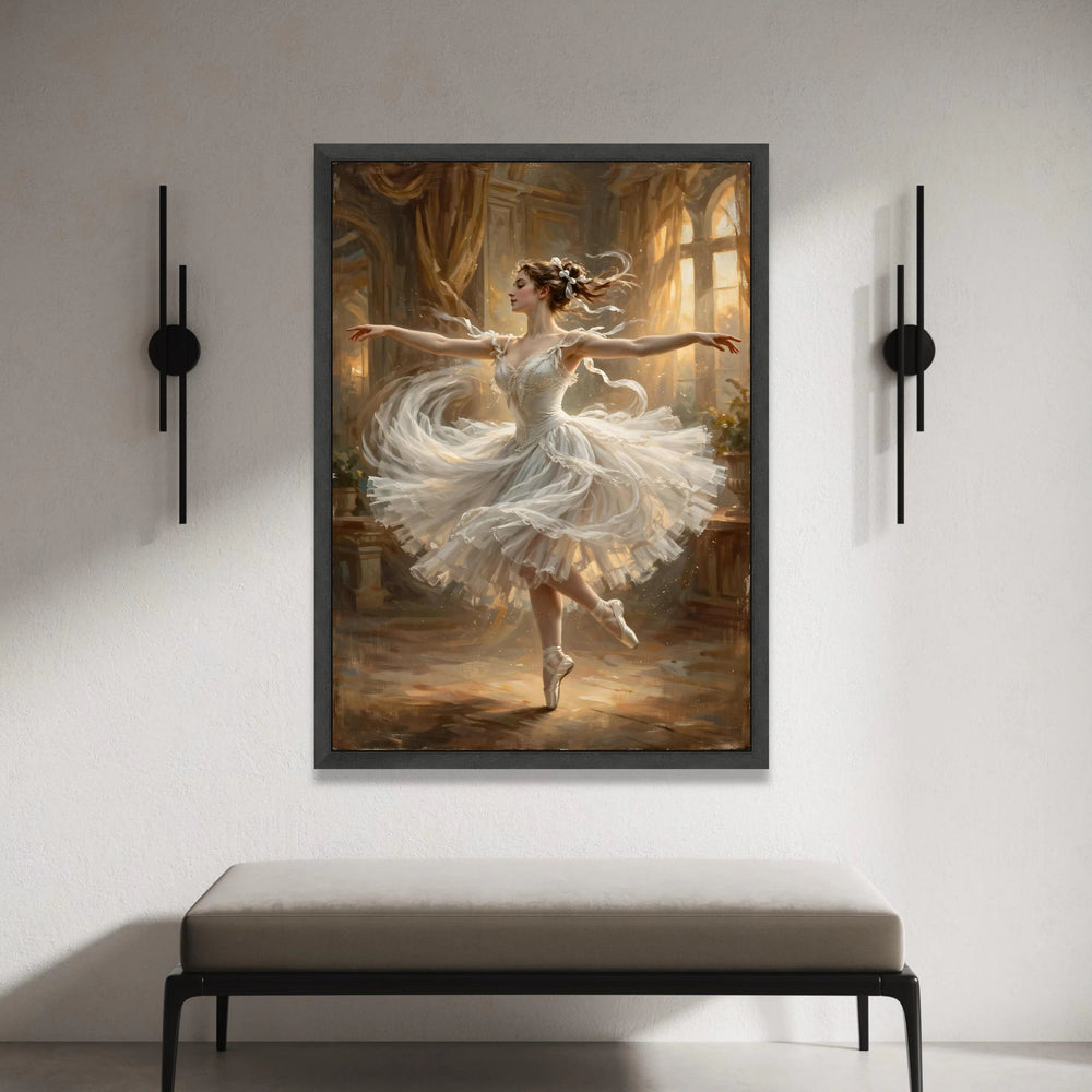 Elegant Ballerina Dancing Canvas, Graceful Ballet Art, White Tutu Wall Decor, Classic Dance Canvas, Soft Lighting Ballet Canvas Print Art
