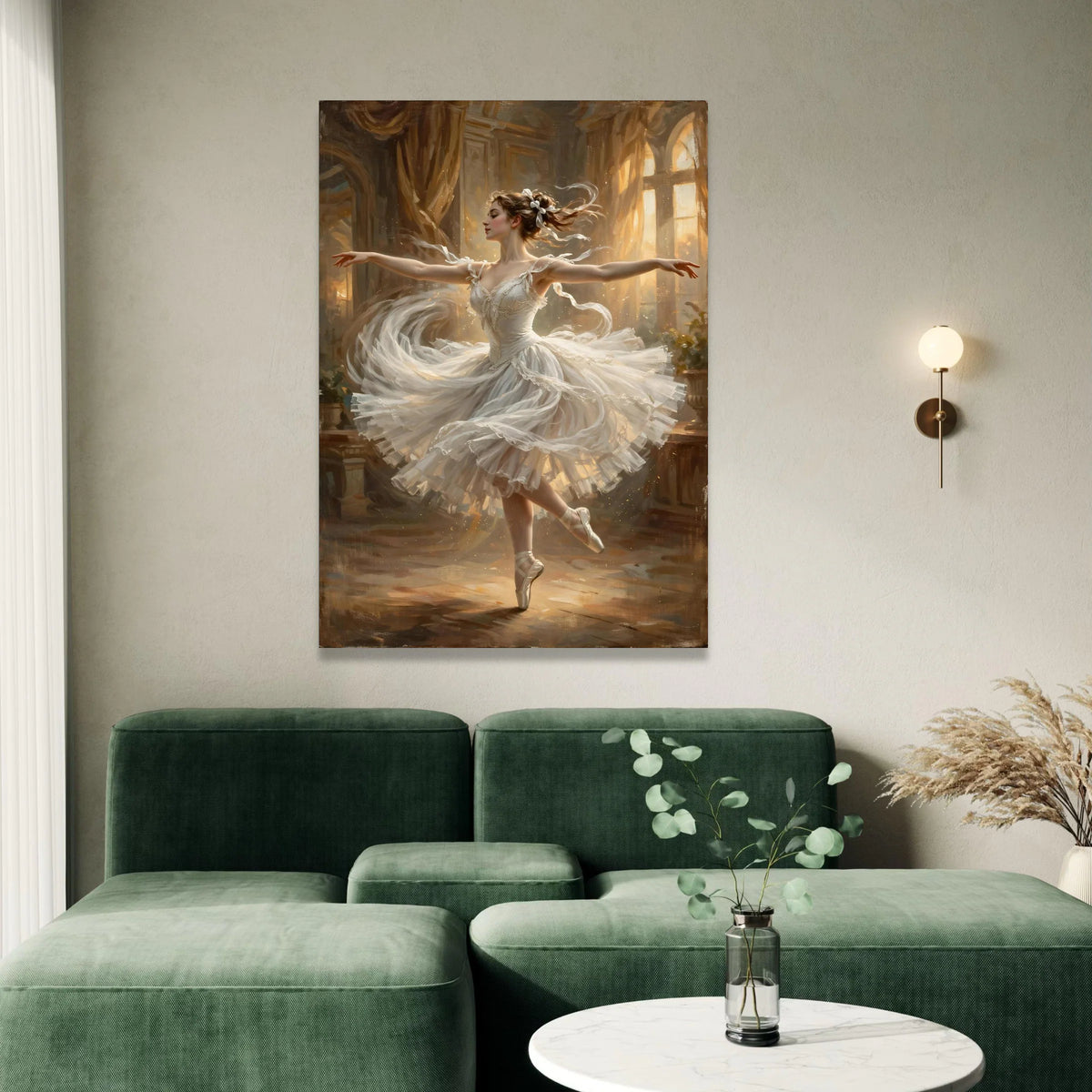 Elegant Ballerina Dancing Canvas, Graceful Ballet Art, White Tutu Wall Decor, Classic Dance Canvas, Soft Lighting Ballet Canvas Print Art