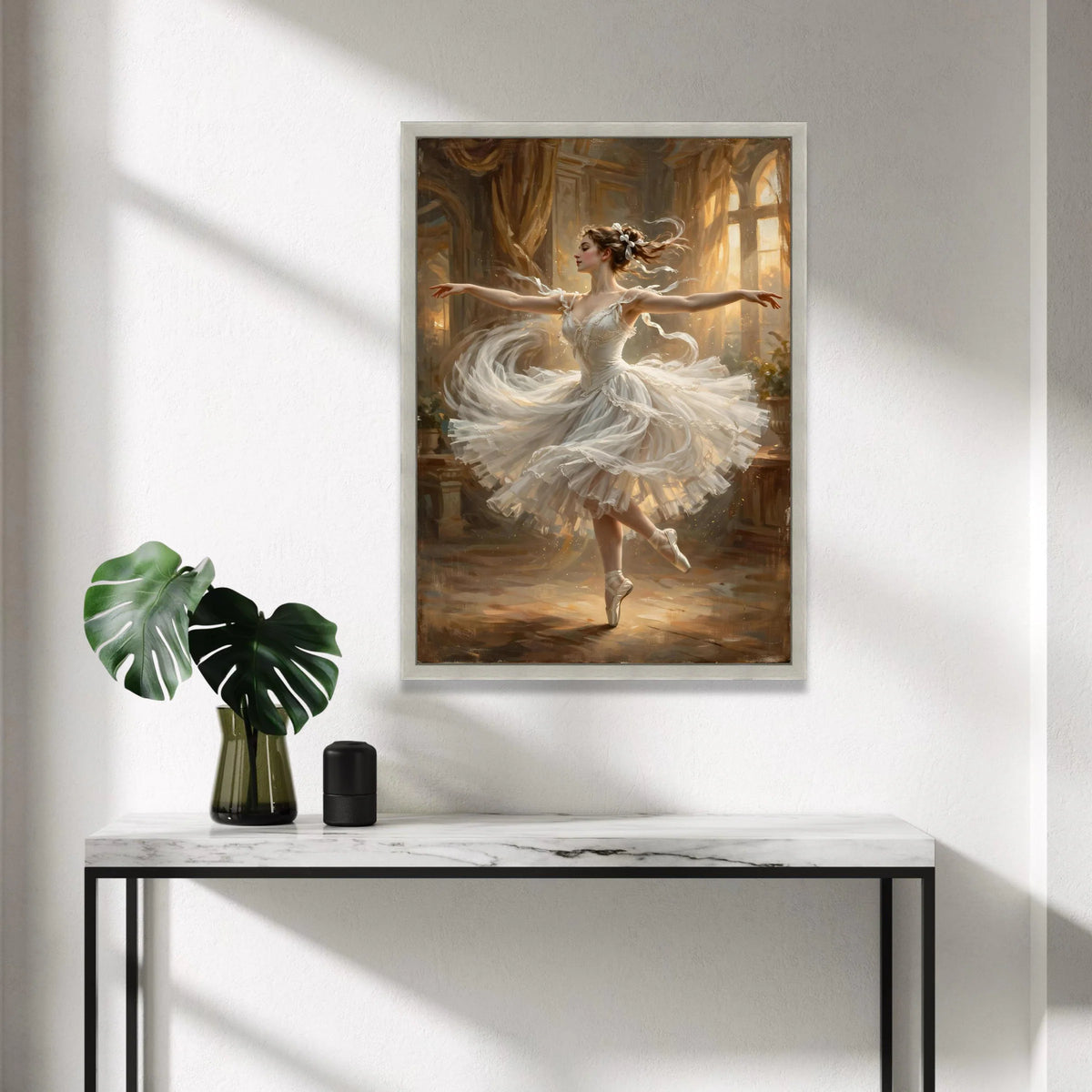 Elegant Ballerina Dancing Canvas, Graceful Ballet Art, White Tutu Wall Decor, Classic Dance Canvas, Soft Lighting Ballet Canvas Print Art