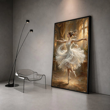 Elegant Ballerina Dancing Canvas, Graceful Ballet Art, White Tutu Wall Decor, Classic Dance Canvas, Soft Lighting Ballet Canvas Print Art