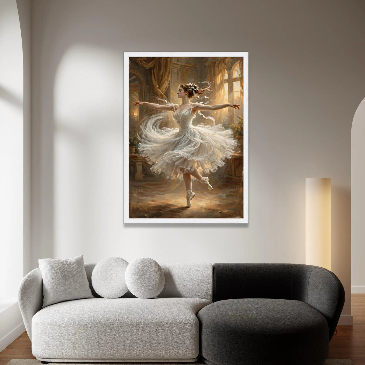 Elegant Ballerina Dancing Canvas, Graceful Ballet Art, White Tutu Wall Decor, Classic Dance Canvas, Soft Lighting Ballet Canvas Print Art