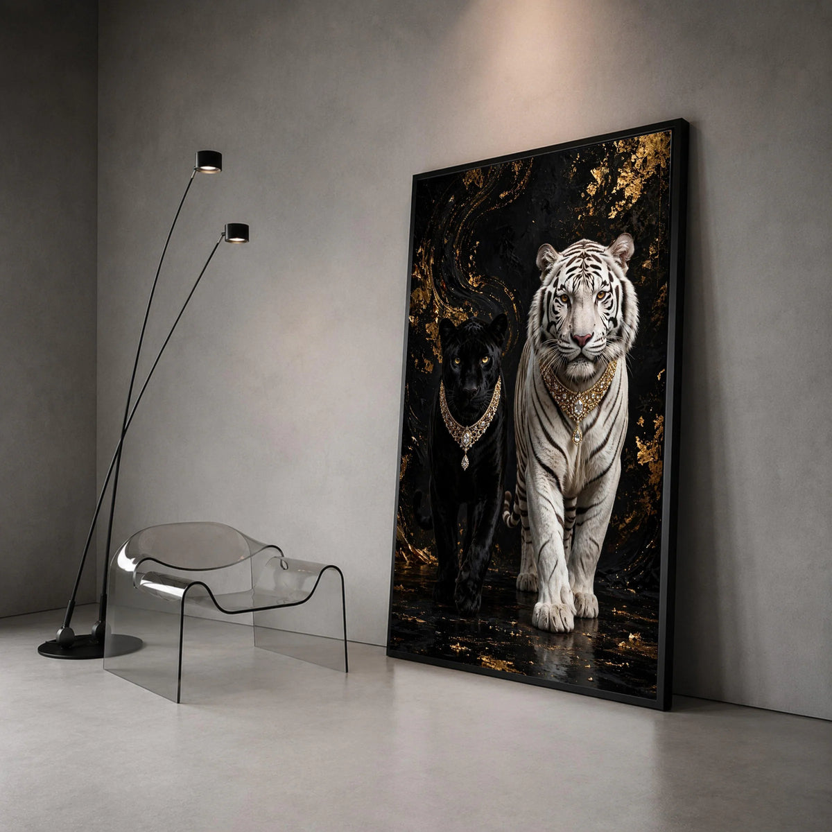 Regal Black Panther and White Tiger Canvas, Luxury Animal Wall Art, Exotic Wildlife Canvas, Majestic Big Cats Decor, Canvas Print Art