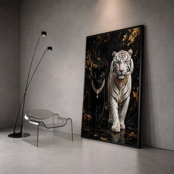 Regal Black Panther and White Tiger Canvas, Luxury Animal Wall Art, Exotic Wildlife Canvas, Majestic Big Cats Decor, Canvas Print Art