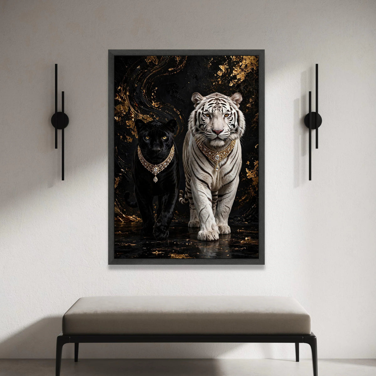 Regal Black Panther and White Tiger Canvas, Luxury Animal Wall Art, Exotic Wildlife Canvas, Majestic Big Cats Decor, Canvas Print Art