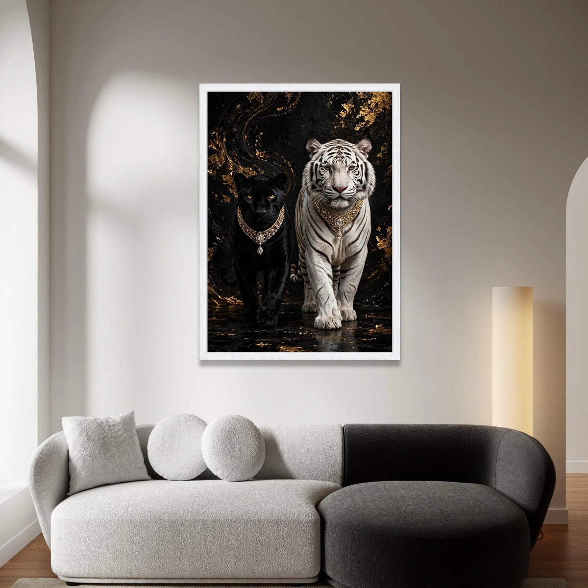Regal Black Panther and White Tiger Canvas, Luxury Animal Wall Art, Exotic Wildlife Canvas, Majestic Big Cats Decor, Canvas Print Art