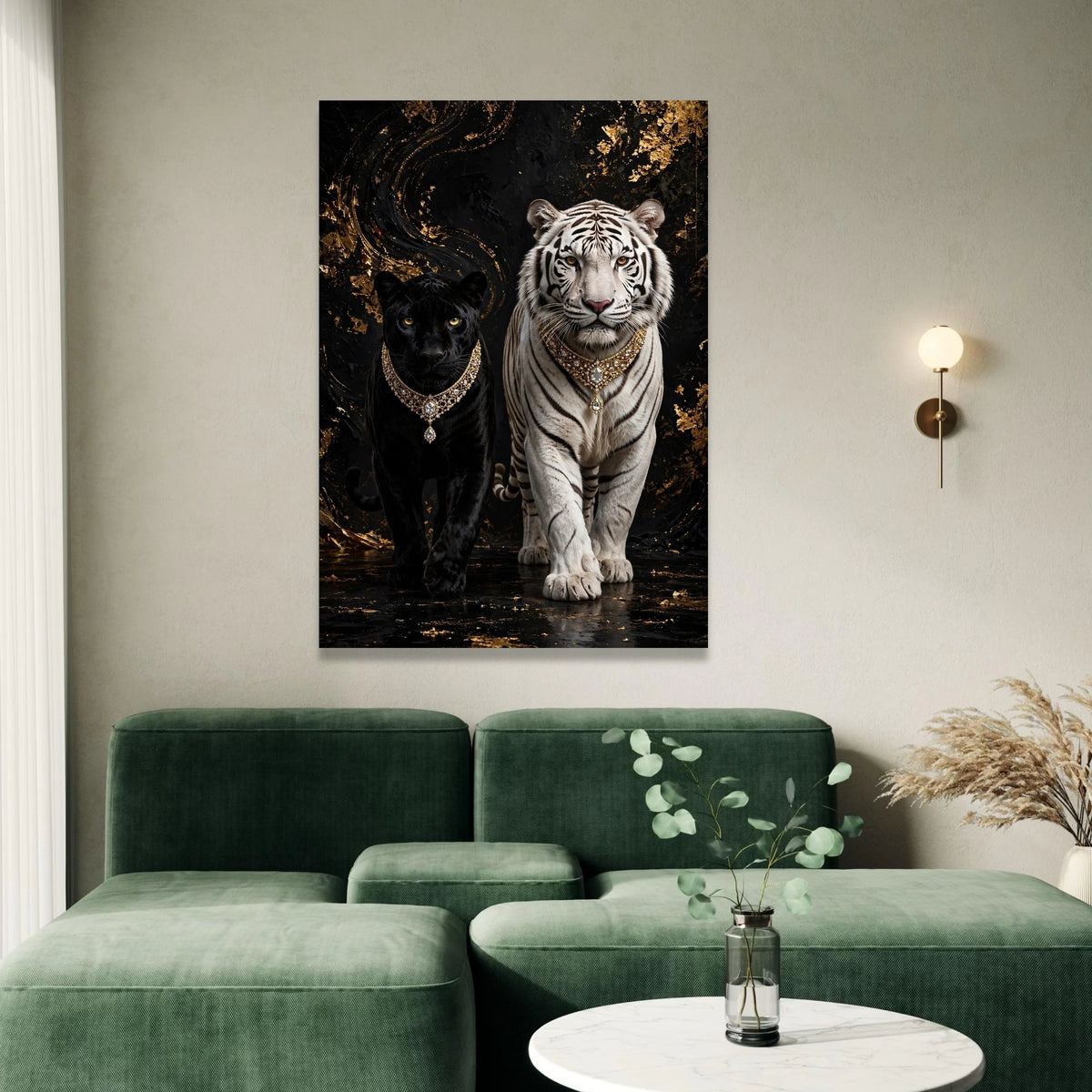 Regal Black Panther and White Tiger Canvas, Luxury Animal Wall Art, Exotic Wildlife Canvas, Majestic Big Cats Decor, Canvas Print Art