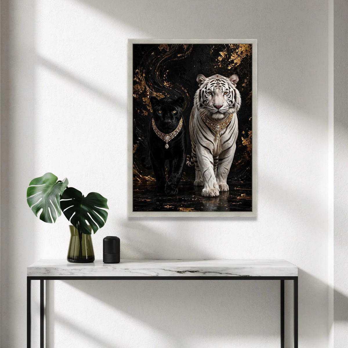 Regal Black Panther and White Tiger Canvas, Luxury Animal Wall Art, Exotic Wildlife Canvas, Majestic Big Cats Decor, Canvas Print Art