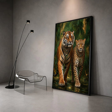 Majestic Tiger and Leopard Canvas Wall Art, Exotic Wildlife with Emerald Jewelry, Regal Animal Portrait, Green and Gold Canvas Print Art