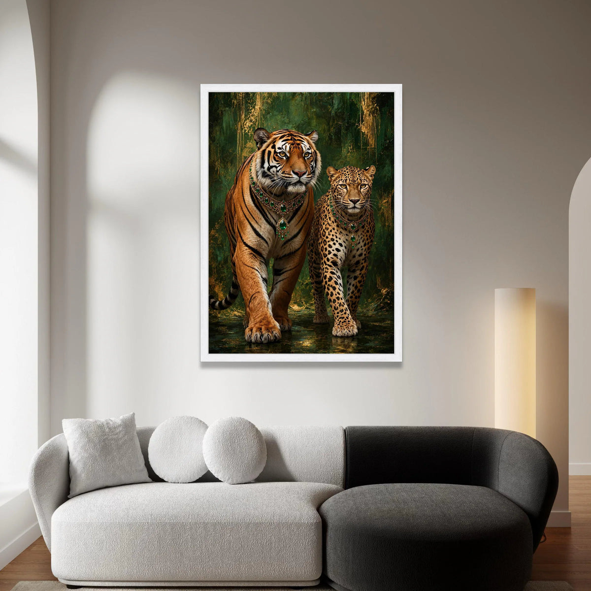 Majestic Tiger and Leopard Canvas Wall Art, Exotic Wildlife with Emerald Jewelry, Regal Animal Portrait, Green and Gold Canvas Print Art