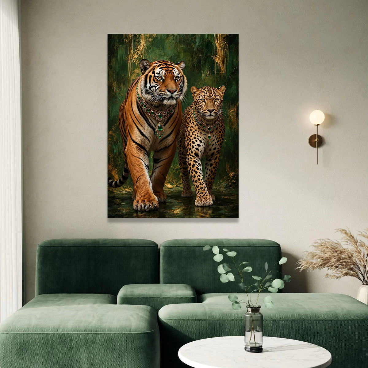 Majestic Tiger and Leopard Canvas Wall Art, Exotic Wildlife with Emerald Jewelry, Regal Animal Portrait, Green and Gold Canvas Print Art