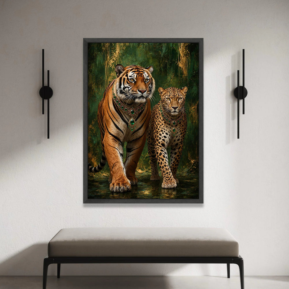 Majestic Tiger and Leopard Canvas Wall Art, Exotic Wildlife with Emerald Jewelry, Regal Animal Portrait, Green and Gold Canvas Print Art