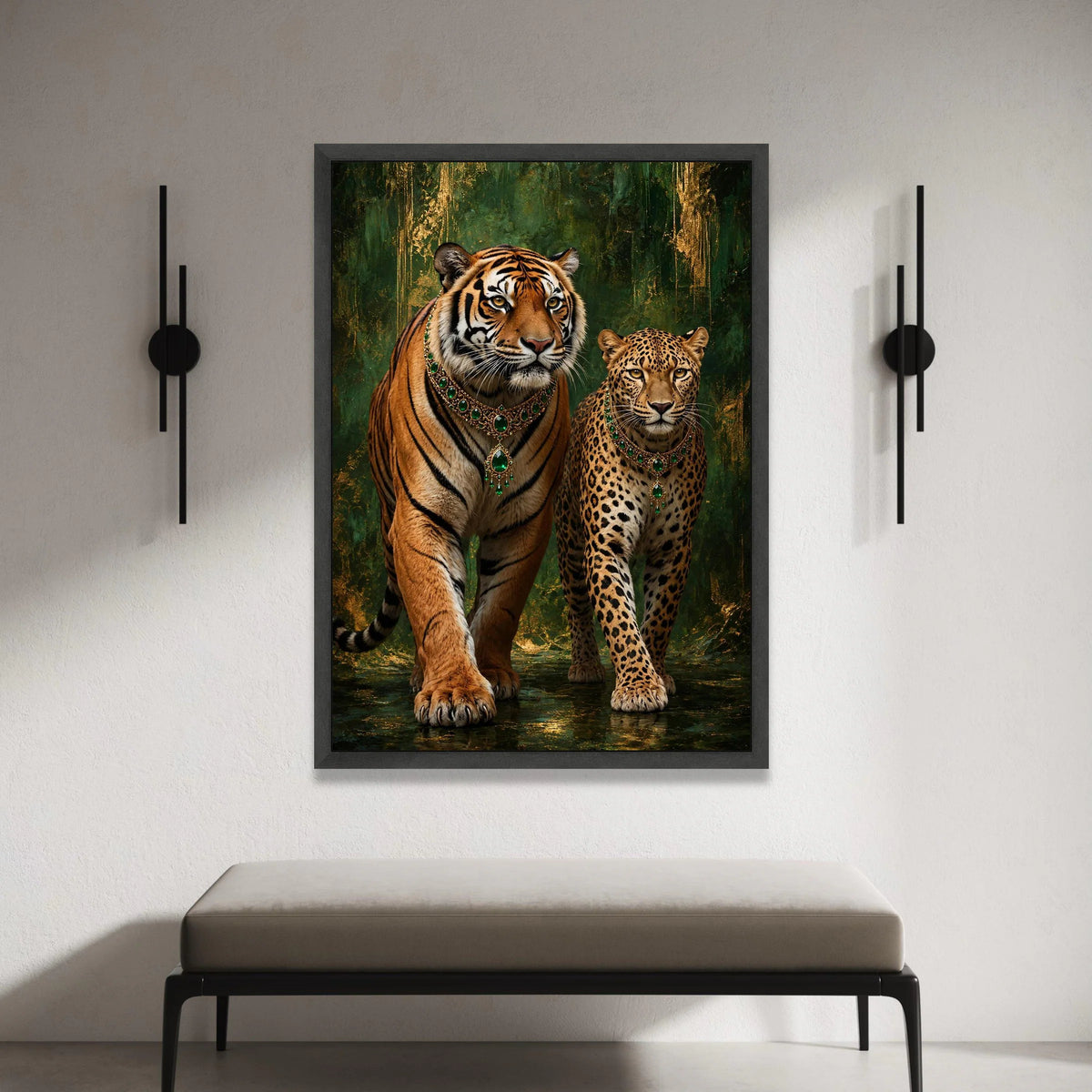 Majestic Tiger and Leopard Canvas Wall Art, Exotic Wildlife with Emerald Jewelry, Regal Animal Portrait, Green and Gold Canvas Print Art