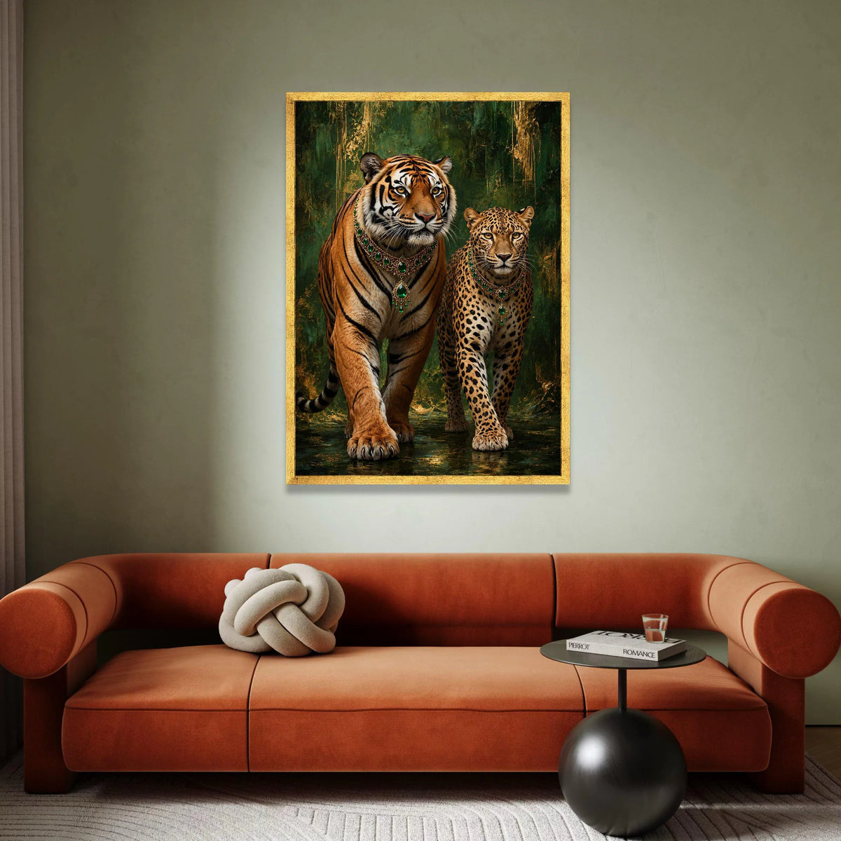 Majestic Tiger and Leopard Canvas Wall Art, Exotic Wildlife with Emerald Jewelry, Regal Animal Portrait, Green and Gold Canvas Print Art