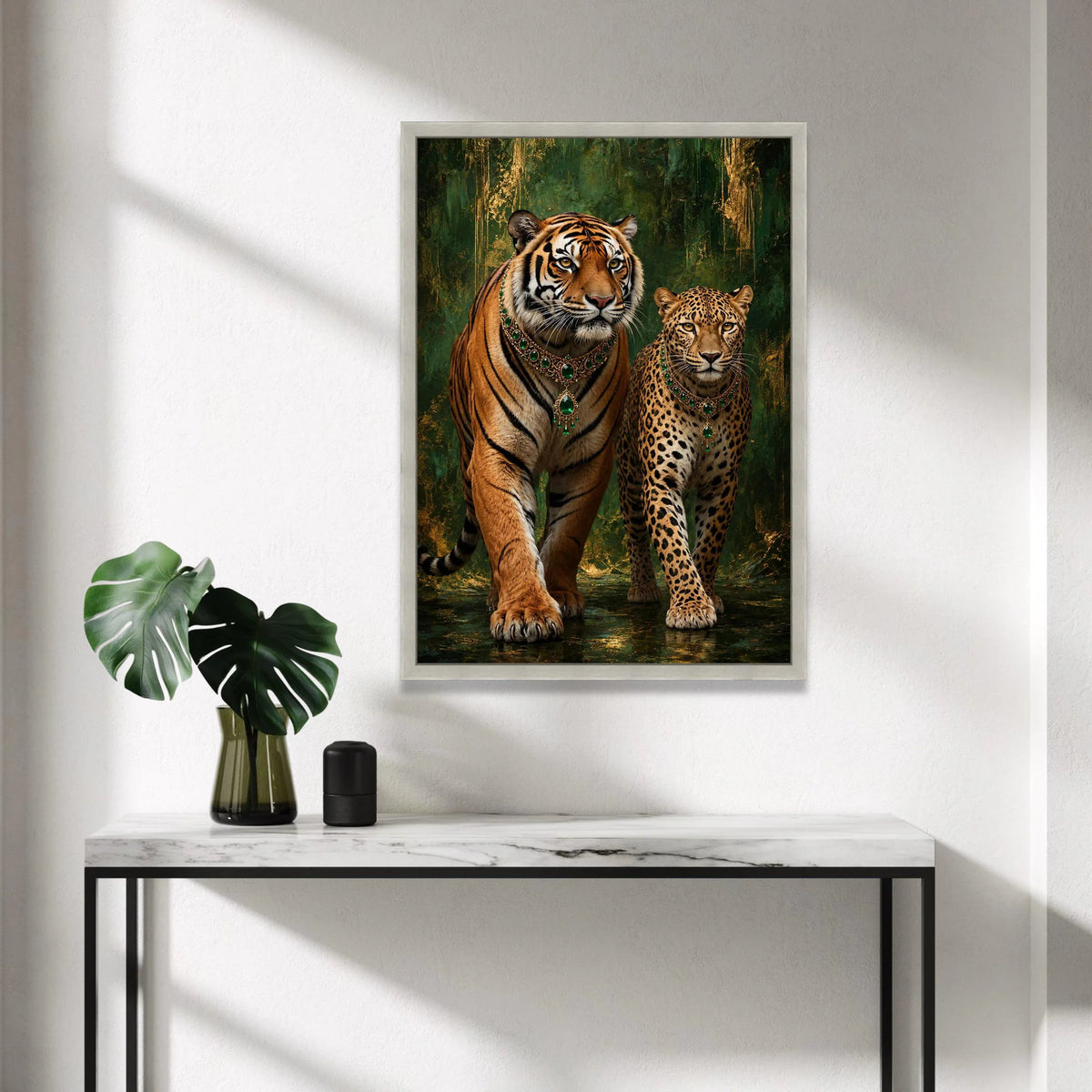 Majestic Tiger and Leopard Canvas Wall Art, Exotic Wildlife with Emerald Jewelry, Regal Animal Portrait, Green and Gold Canvas Print Art