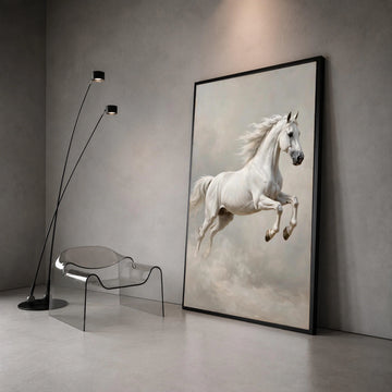 Majestic White Horse Canvas Wall Art, Elegant Galloping Horse Painting, Equine Animal Art, Living Room Decor, Ready to Hang Canvas Print Art