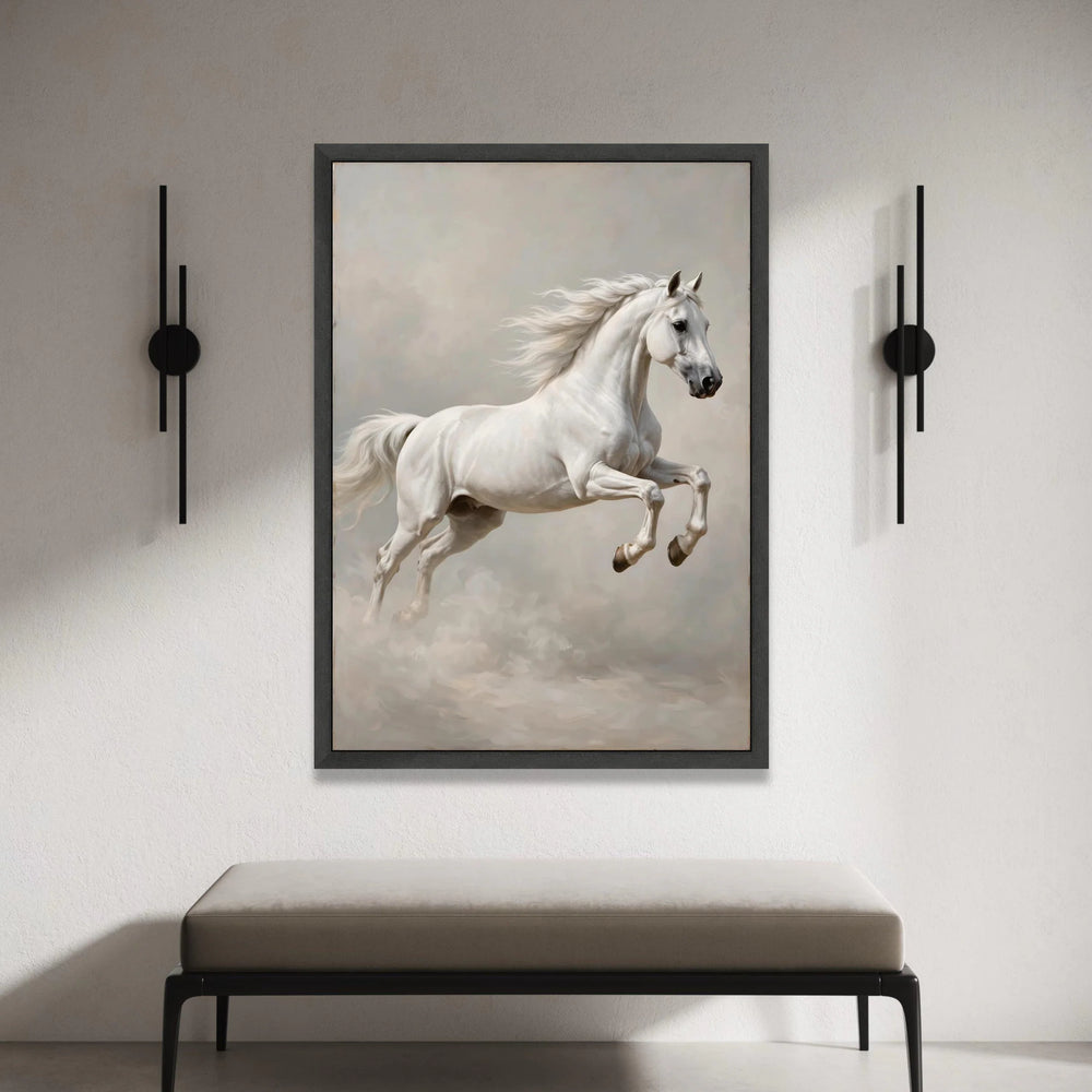 Majestic White Horse Canvas Wall Art, Elegant Galloping Horse Painting, Equine Animal Art, Living Room Decor, Ready to Hang Canvas Print Art
