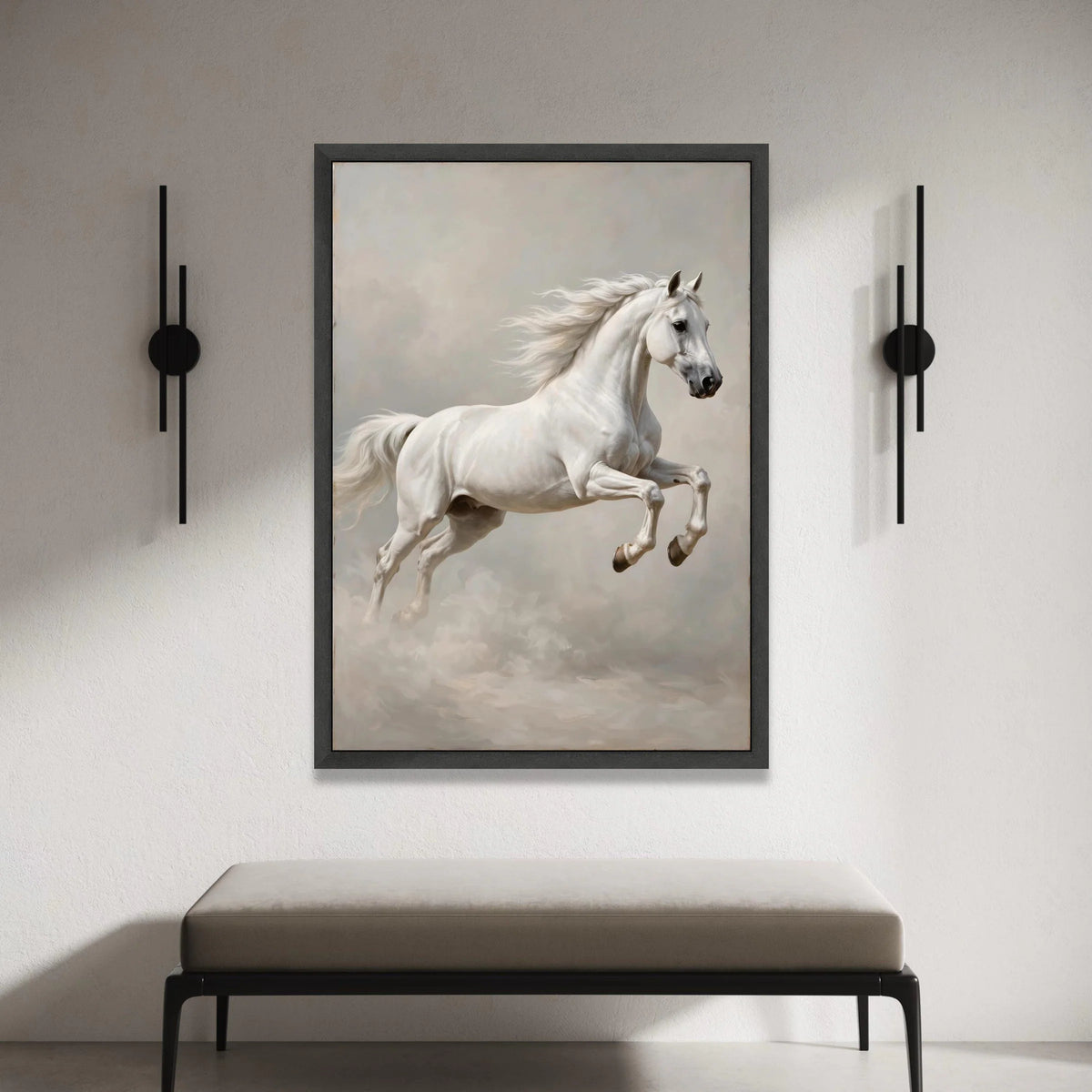 Majestic White Horse Canvas Wall Art, Elegant Galloping Horse Painting, Equine Animal Art, Living Room Decor, Ready to Hang Canvas Print Art