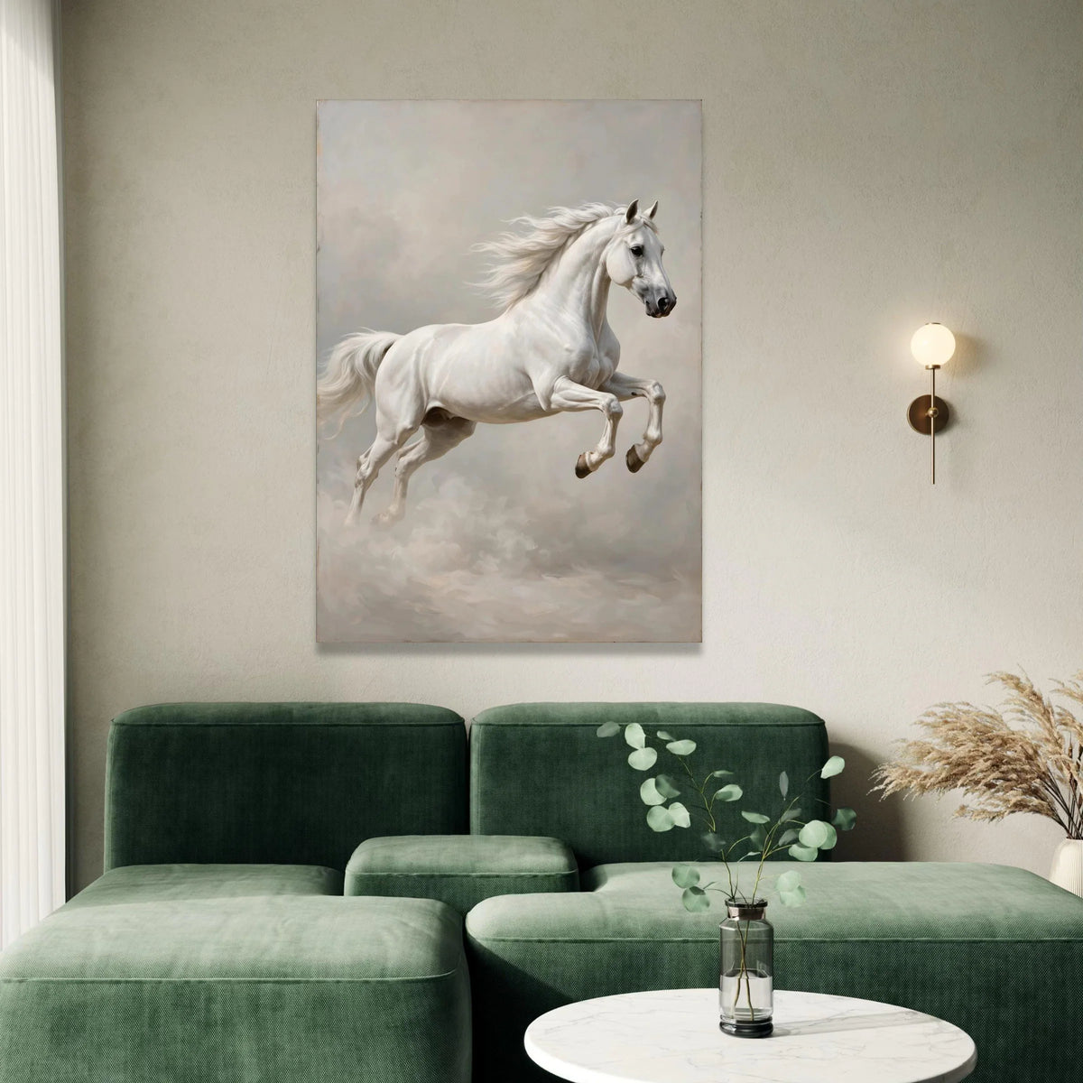 Majestic White Horse Canvas Wall Art, Elegant Galloping Horse Painting, Equine Animal Art, Living Room Decor, Ready to Hang Canvas Print Art