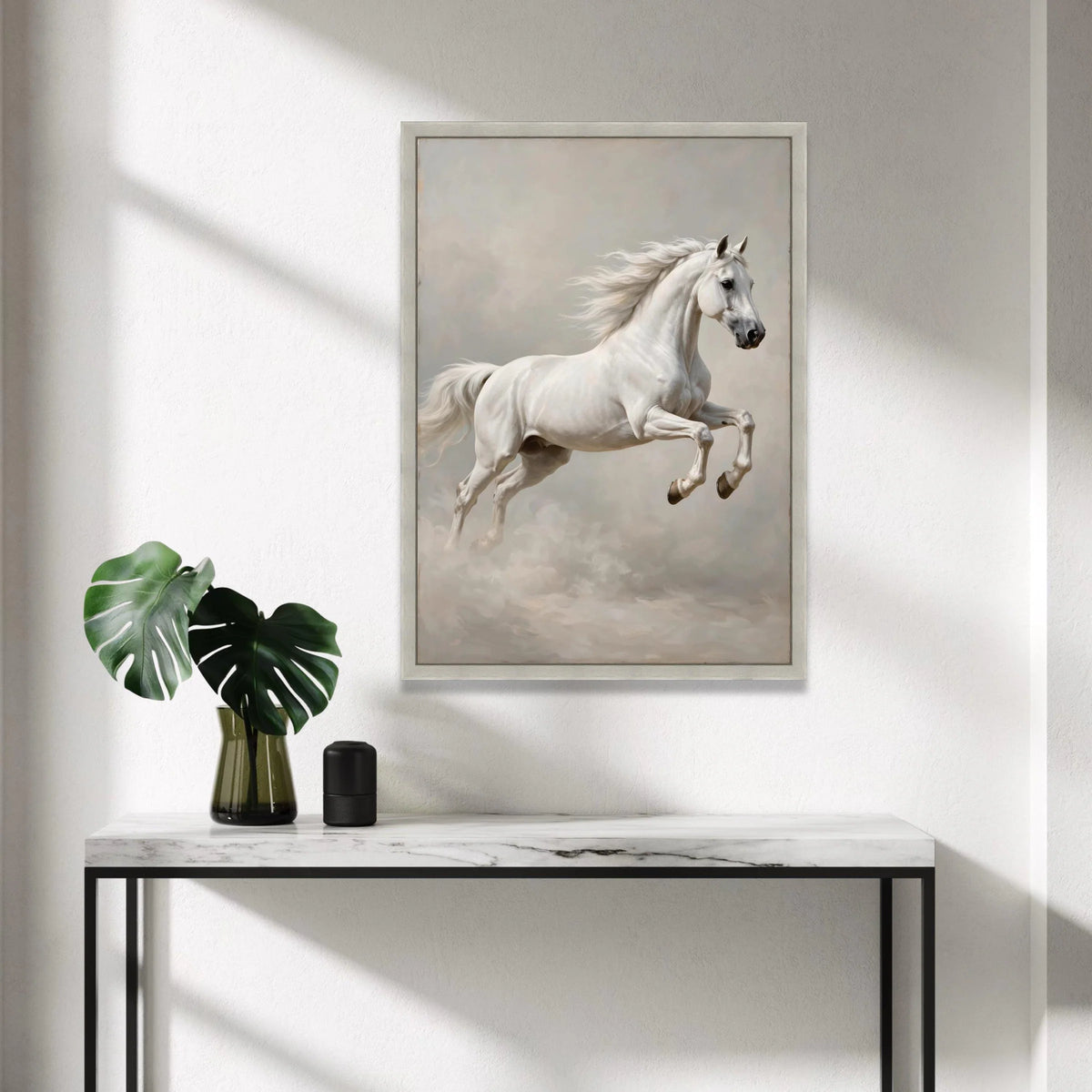Majestic White Horse Canvas Wall Art, Elegant Galloping Horse Painting, Equine Animal Art, Living Room Decor, Ready to Hang Canvas Print Art