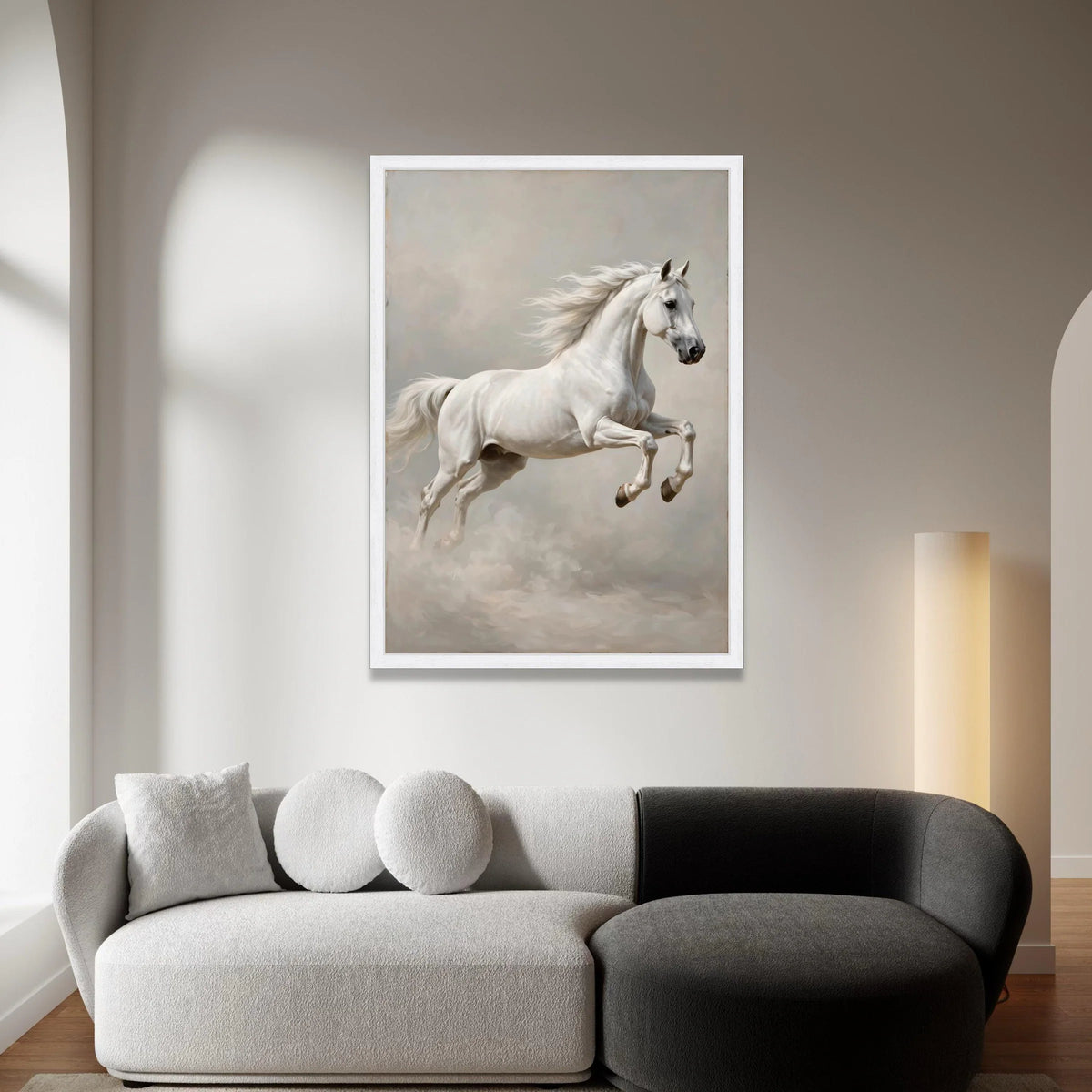 Majestic White Horse Canvas Wall Art, Elegant Galloping Horse Painting, Equine Animal Art, Living Room Decor, Ready to Hang Canvas Print Art