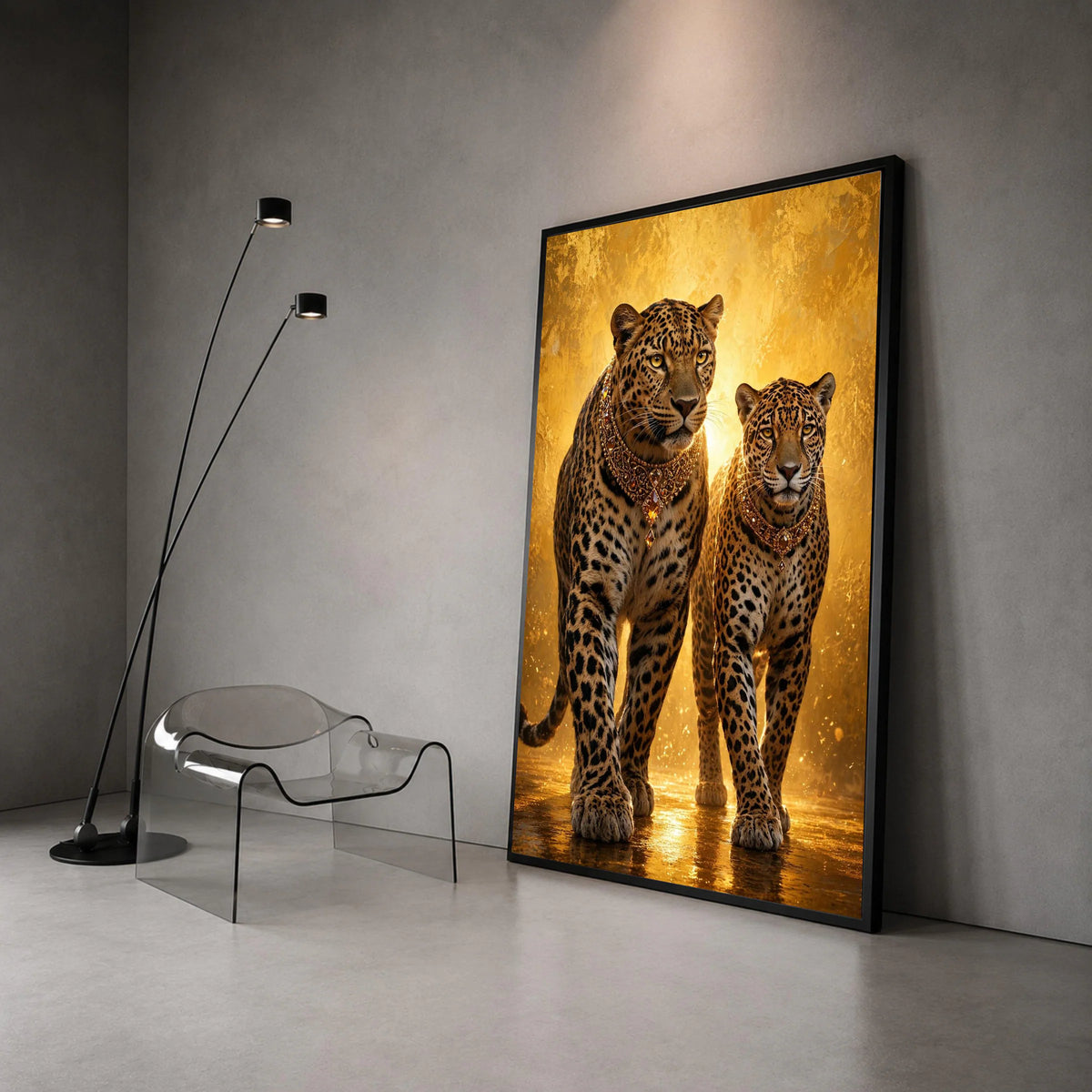 Regal Leopards with Ornate Necklaces, Majestic Animal Canvas, Golden Luxury Wall Art, Wildlife Portrait Decoration, Exotic Canvas Print Art