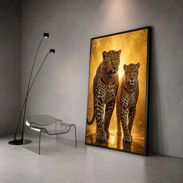 Regal Leopards with Ornate Necklaces, Majestic Animal Canvas, Golden Luxury Wall Art, Wildlife Portrait Decoration, Exotic Canvas Print Art