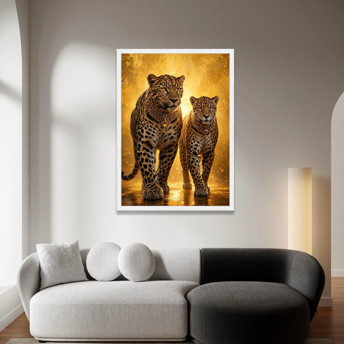 Regal Leopards with Ornate Necklaces, Majestic Animal Canvas, Golden Luxury Wall Art, Wildlife Portrait Decoration, Exotic Canvas Print Art