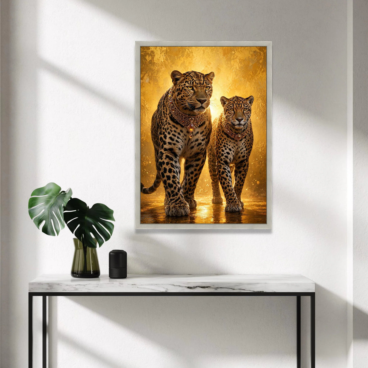 Regal Leopards with Ornate Necklaces, Majestic Animal Canvas, Golden Luxury Wall Art, Wildlife Portrait Decoration, Exotic Canvas Print Art
