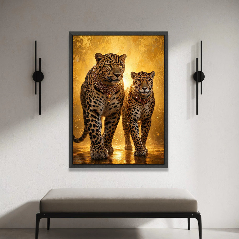 Regal Leopards with Ornate Necklaces, Majestic Animal Canvas, Golden Luxury Wall Art, Wildlife Portrait Decoration, Exotic Canvas Print Art