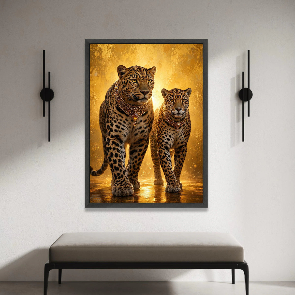 Regal Leopards with Ornate Necklaces, Majestic Animal Canvas, Golden Luxury Wall Art, Wildlife Portrait Decoration, Exotic Canvas Print Art