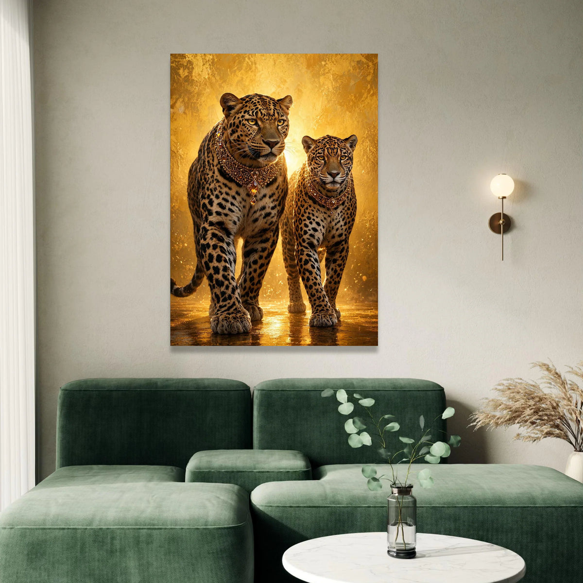 Regal Leopards with Ornate Necklaces, Majestic Animal Canvas, Golden Luxury Wall Art, Wildlife Portrait Decoration, Exotic Canvas Print Art