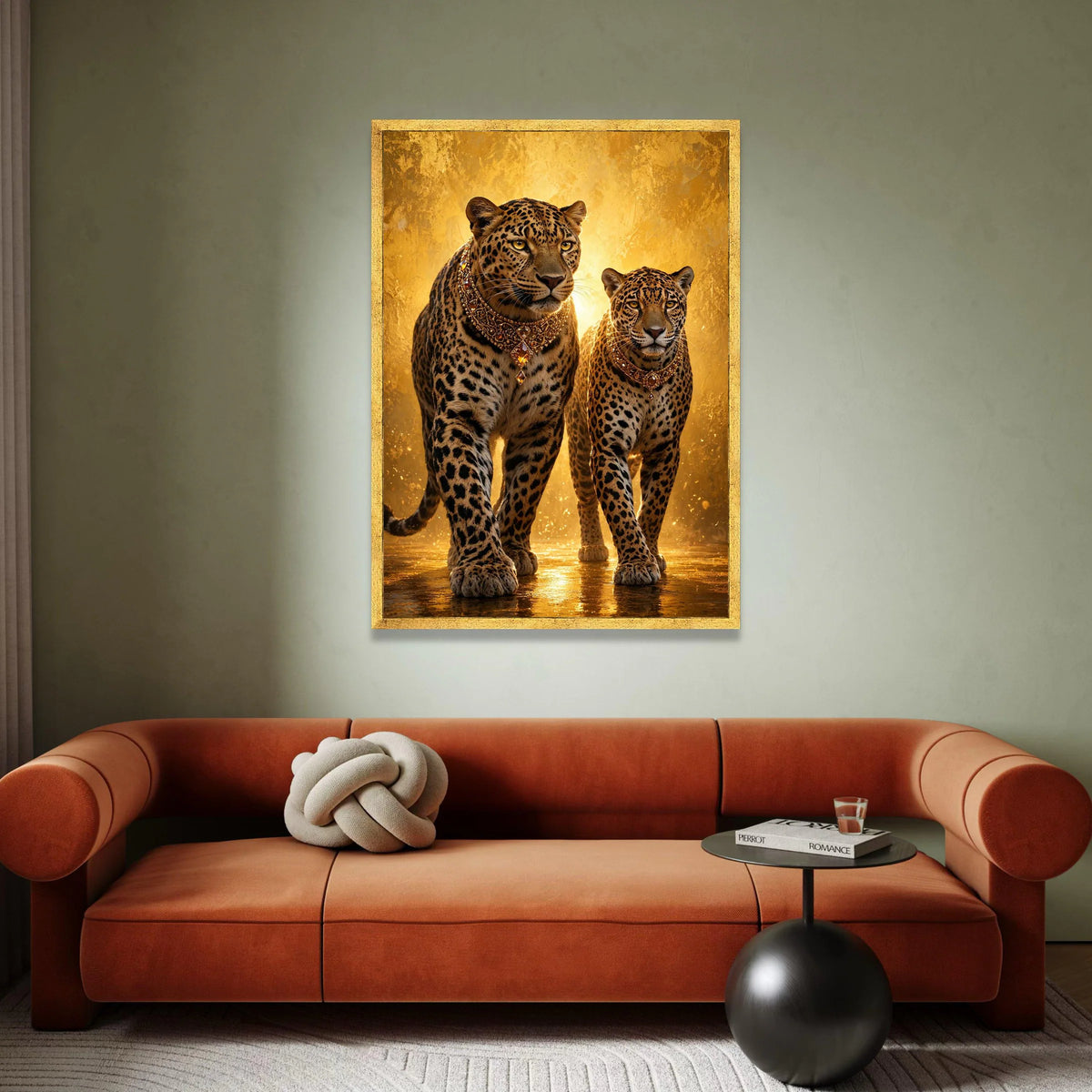 Regal Leopards with Ornate Necklaces, Majestic Animal Canvas, Golden Luxury Wall Art, Wildlife Portrait Decoration, Exotic Canvas Print Art
